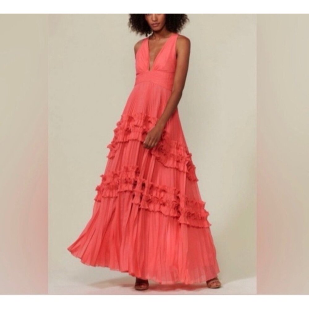 Halston Tiered Maxi Dress 14 Watermelon Pink Pleated Party Wedding Cruise $645